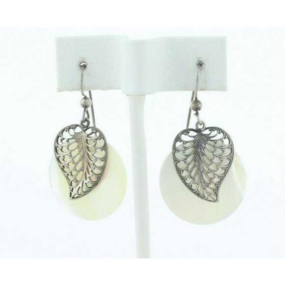 Sterling Silver Mother of Pearl with Sterling Leaf Earrings Dangle Drop Earrings - Picture 5 of 7